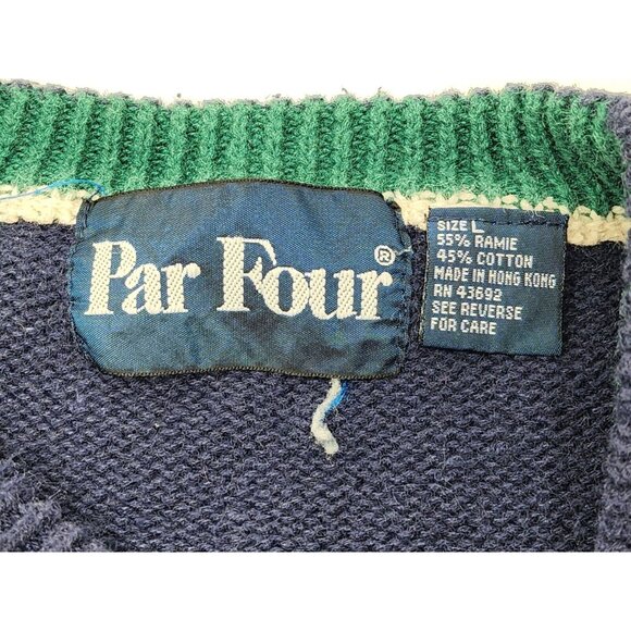 Vtg Par Four Mens Embroiderd Golf Golfer Cableknit Sweater Blue Green Size Lg - Picture 7 of 7